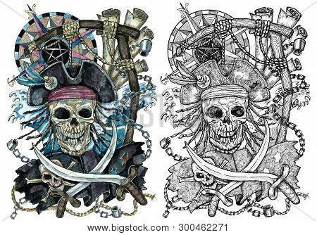 Pirate Jolly Roger Skull With Compass And Rope For Gallows.  Watercolor Graphic Illustration With Ad