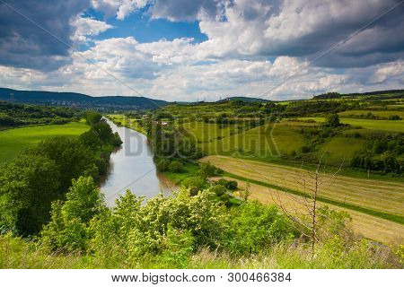 View From The Hill Into The Valley With The Berounka River. Berounka River, Limestone Rocks, Meadows