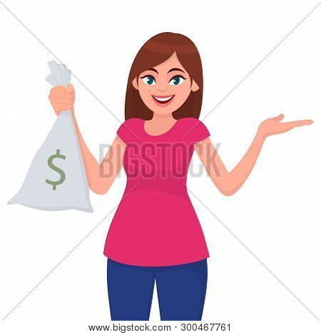 Girl, Woman Or Female Holding/showing Money, Cash Or Currency Notes Bag With Dollar Sign And Gesture