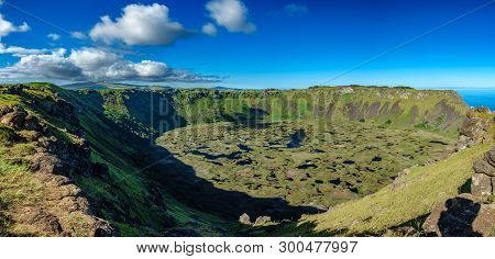 Rano Kau Volcanic Crater Panoramic View In Rapa Nui