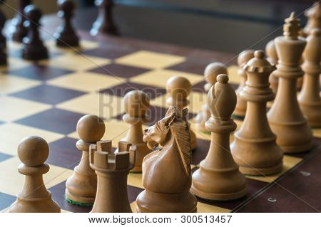 Wood Chess Pieces On Board Game, Sport
