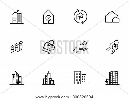 Real Estate Line Icon Set. Apartment Building, City, Key On Hand. Real Estate Concept. Can Be Used F
