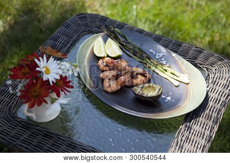 Whole Grilled Shrimps Dinner In Garden