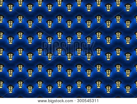 The Sky Is Littered With Yellow Lanterns. Vector Illustration. Seamless Pattern. Decorative Ornament