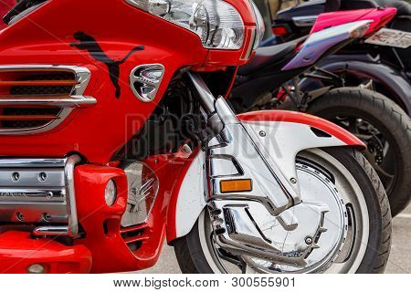 Moscow, Russia - May 04, 2019: Tourist Trike Honda Gold Wing In Bright Red Plastic Body Kit In The P