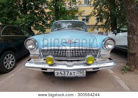 Moscow, Russia - May 05, 2019: The Rare, Restored Soviet Car Gas 21 Volga. A Blue And White Bi-color