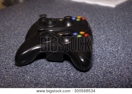 Ternopol,ukraine-may 10 2019:xbox 360 Controller On Black Background,games In Children Room Birthday