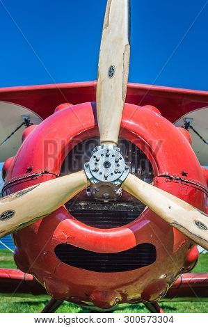 Delta, British Columbia - May 7, 2019: Propeller And Nose Of Red Murphy Renegade Bi-plane At Delta H
