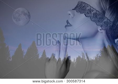 Double Exposure Portrait Of A Beautiful Sexy Girl With Lace On The Eyes And The Night Sky With The M