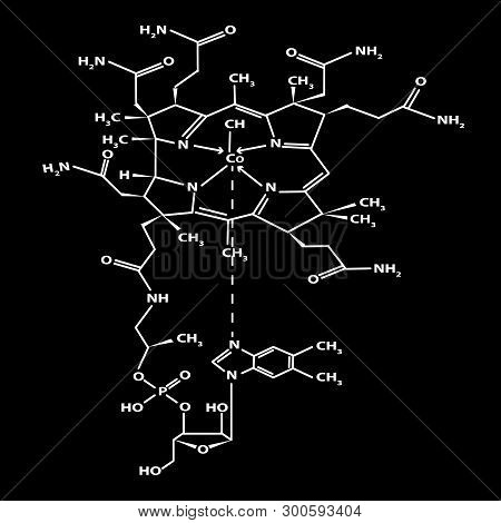 Vitamin B12. Cyanocobalamin Molecular Chemical Formula. Infographics. Vector Illustration On Black B