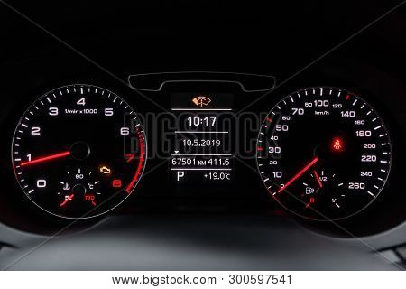 Novosibirsk, Russia - May 10, 2019:  Audi Q3,close-up Of The Dashboard, Speedometer And Tachometer. 