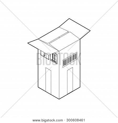 Outline Tall Cardboard Box Icon. Empty Corrugated Box With Two Open And Two Closed Flaps. Isometric 