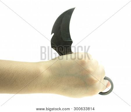Karambit Knife In Lady Hand Tactical Fighter On White Background, Self Defense Martial Arts Fighting