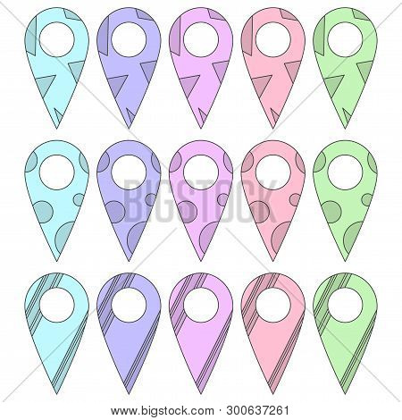 Set Of Label Icons On A Map In Various Colors And Outline Styles. Contour Stroke. Cartoon Style. Vec