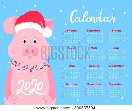 Calendar For 2020. Week Start On Sunday. Cute Pig In A Hat Of Santa Claus With A Garland