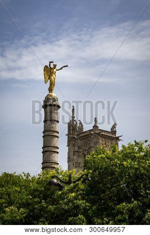 Golden Statue On His Column Place Du Chatelet In Paris France