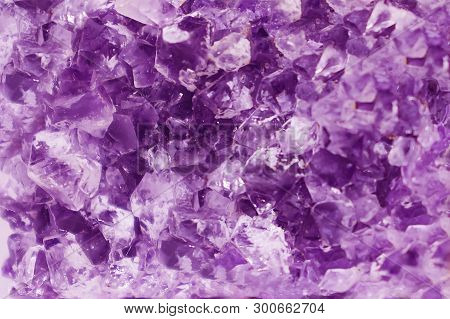 Background Made Of Mineral. Lilac Amethyst Crystal Surface, Close Up