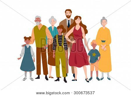 Portrait Of Large Family. Mother, Father, Children, Grandmother, Grandfather.