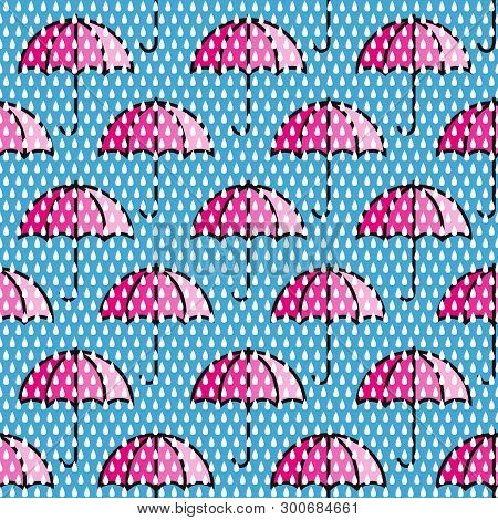 Umbrellas Seamless Pattern. Autumn (fall) Background. Bright Pink Umbrellas Behind The Raindrops. Ra