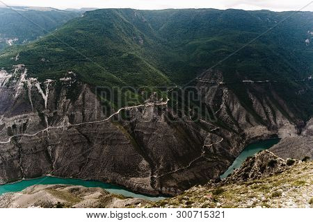 View Of The Sulak From The Village Of Dubki From A Height Of 900 Meters Above Sea Level. Sulak Canyo
