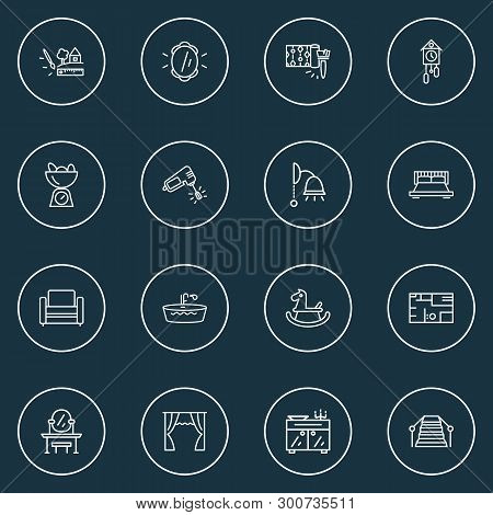 Decor Icons Line Style Set With Wall Mirror, Double Bed, Rocking Horse And Other Whisk Elements. Iso