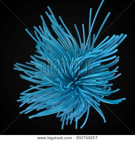 Blue Strings Flowing On Air. 3d Illustration With Black Background