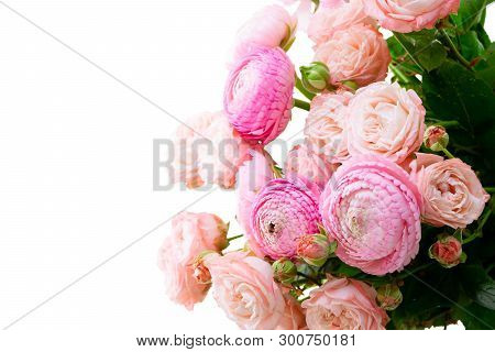 Rose And Rununculus Flowers Bouquet Isolated On White Background