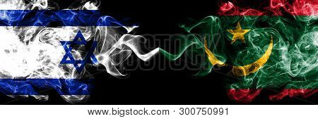 Israel Vs Mauritania, Mauritanian Smoky Mystic Flags Placed Side By Side. Thick Colored Silky Smokes