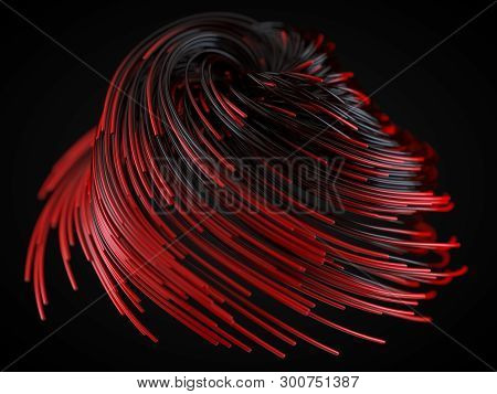 Red Strings Growing And Twisting On Air. 3d Illustration With Black Background