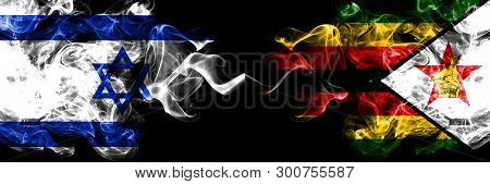 Israel Vs Zimbabwe, Zimbabwean Smoky Mystic Flags Placed Side By Side. Thick Colored Silky Smokes Fl