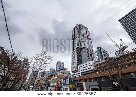 Toronto, Canada - November 13, 2018: Construction Sites Of Rise Condo Apartment Building Towers On Q