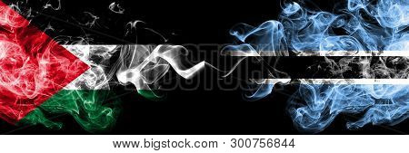 Palestine Vs Botswana, Botswanan Smoky Mystic Flags Placed Side By Side. Thick Colored Silky Smokes 