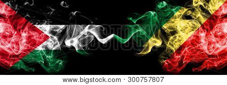 Palestine Vs Congo, Congolese Smoky Mystic Flags Placed Side By Side. Thick Colored Silky Smokes Fla