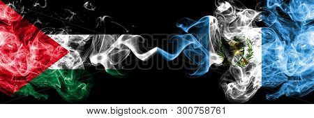 Palestine Vs Guatemala, Guatemalan Smoky Mystic Flags Placed Side By Side. Thick Colored Silky Smoke