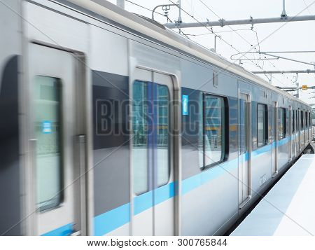 Jakarta, Indonesia - April 17, 2019: Mrt Jakarta Train Arrives At Lebak Bulus Mrt Station.