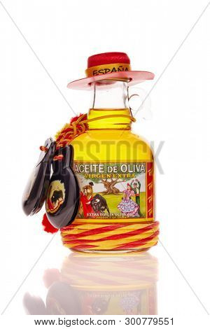 St.Petersburg, Russia - September 2018 -  Bottle of Extra virgin olive oil on a white background with reflection. Product of Spain. Aceite de oliva.