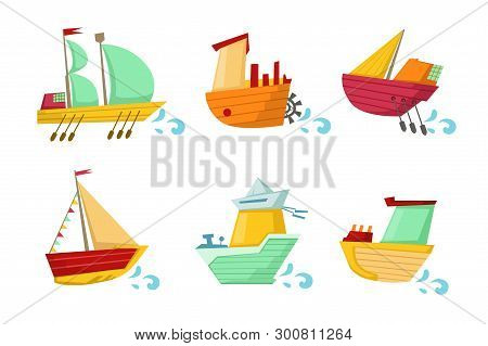 Set Of Colorful Wooden Ships With Cute Faces. Small Sailing Boats. Marine Theme. Flat Vector For Chi
