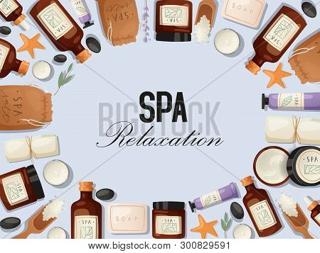 Spa Center Banner Vector Illustration. Realistic Plastic Containers Bottles, Tubes And Jars For Crea