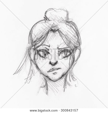 Sketch Of Head Of Girl With Skeptical Face And Bun Hairstyle Hand-drawn By Black Pencil On White Pap
