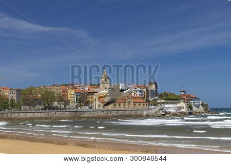 Beautiful Seagull Flies In Stormy Weather Against The Backdrop Of An Ancient City And A Sandy Beach