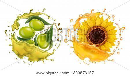 Olive And Sunflower In Oil Realistic Splashes