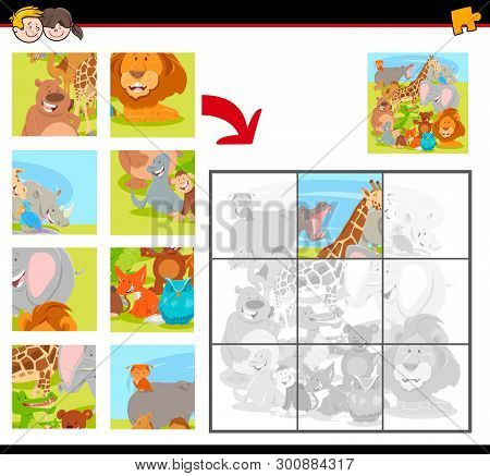 Cartoon Illustration Of Educational Jigsaw Puzzle Game For Children With Happy Wild Animals Group