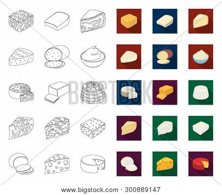 Different Kind Of Cheese Outline, Flat Icons In Set Collection For Design.milk Product Cheese Vector