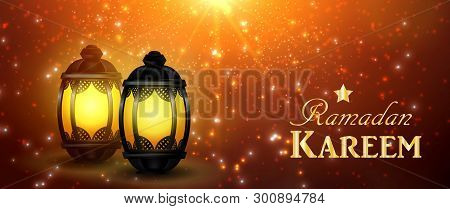 Mosque Silhouette Background In Sunset Sky Lantern And Golden Moon And Stars For Ramadan Of Islam Ve