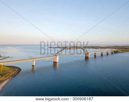 Fehmarn, Germany - May 11, 2019: Aerial Drone View Of The Fehmarn Bridge