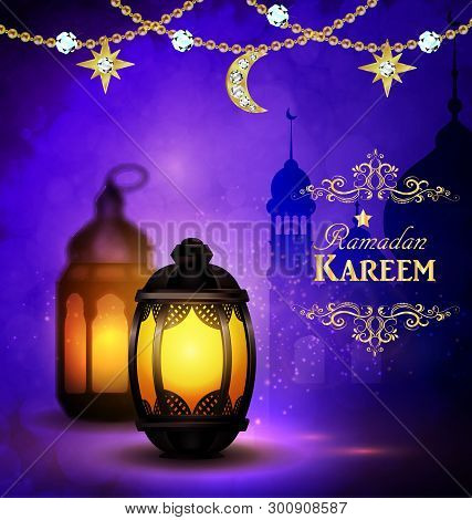 Mosque Silhouette Background In Sunset Sky Lantern And Golden Moon And Stars For Ramadan Of Islam Ve