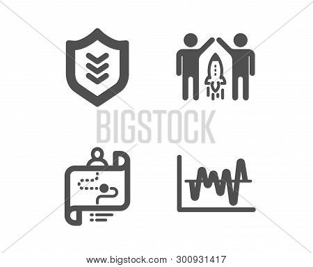Set Of Partnership, Journey Path And Shield Icons. Stock Analysis Sign. Business Startup, Project Pr