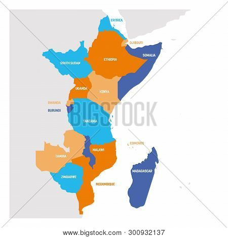 East Africa Region. Map Of Countries In Eastern Africa. Vector Illustration