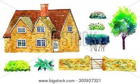 Set With Countryhouse, Tree, Fence, Bushes And Plants. Watercolor Old Stone Europe House. Hand Drawn