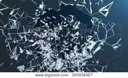 3d Illustration Wall Of Glass With A Hole In The Center Of Shatters Into Small Pieces. Place For You